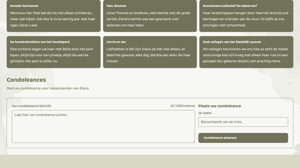 Condoleanceregister van een online rouwkaart met berichten van familie en vrienden