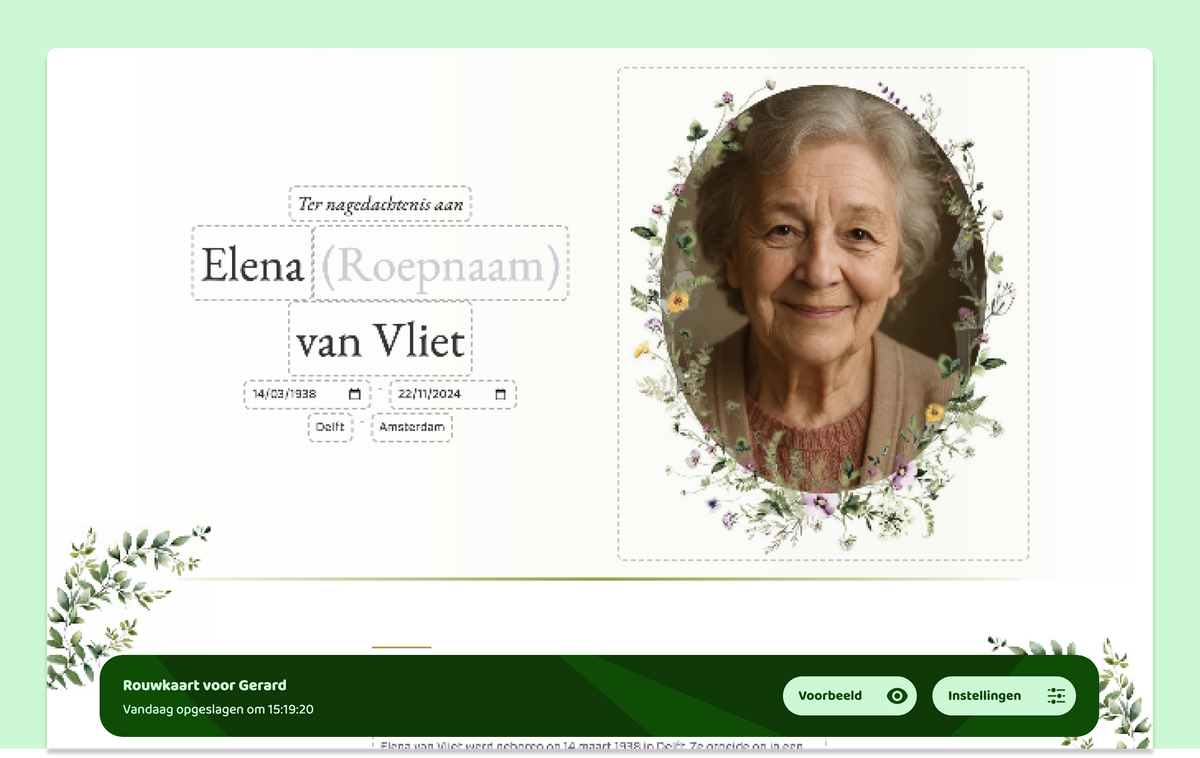 Bewerker van de online rouwkaart waarin naam, datums en portretfoto worden ingevuld