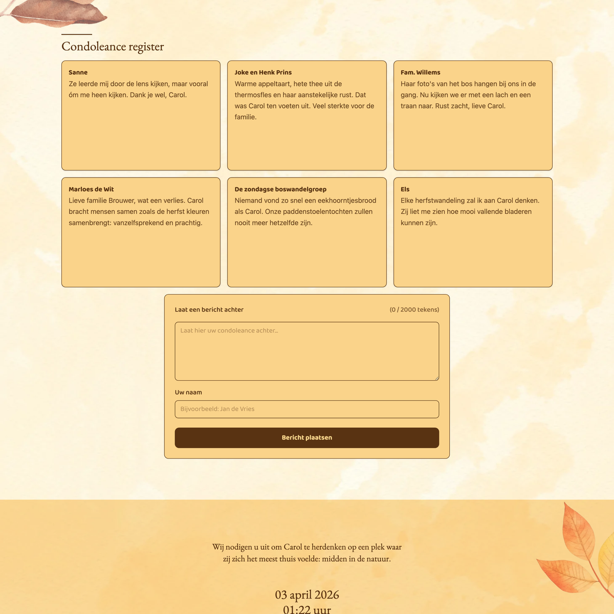 Het online condoleanceregister met berichten bij een rouwkaart in het thema Herfst