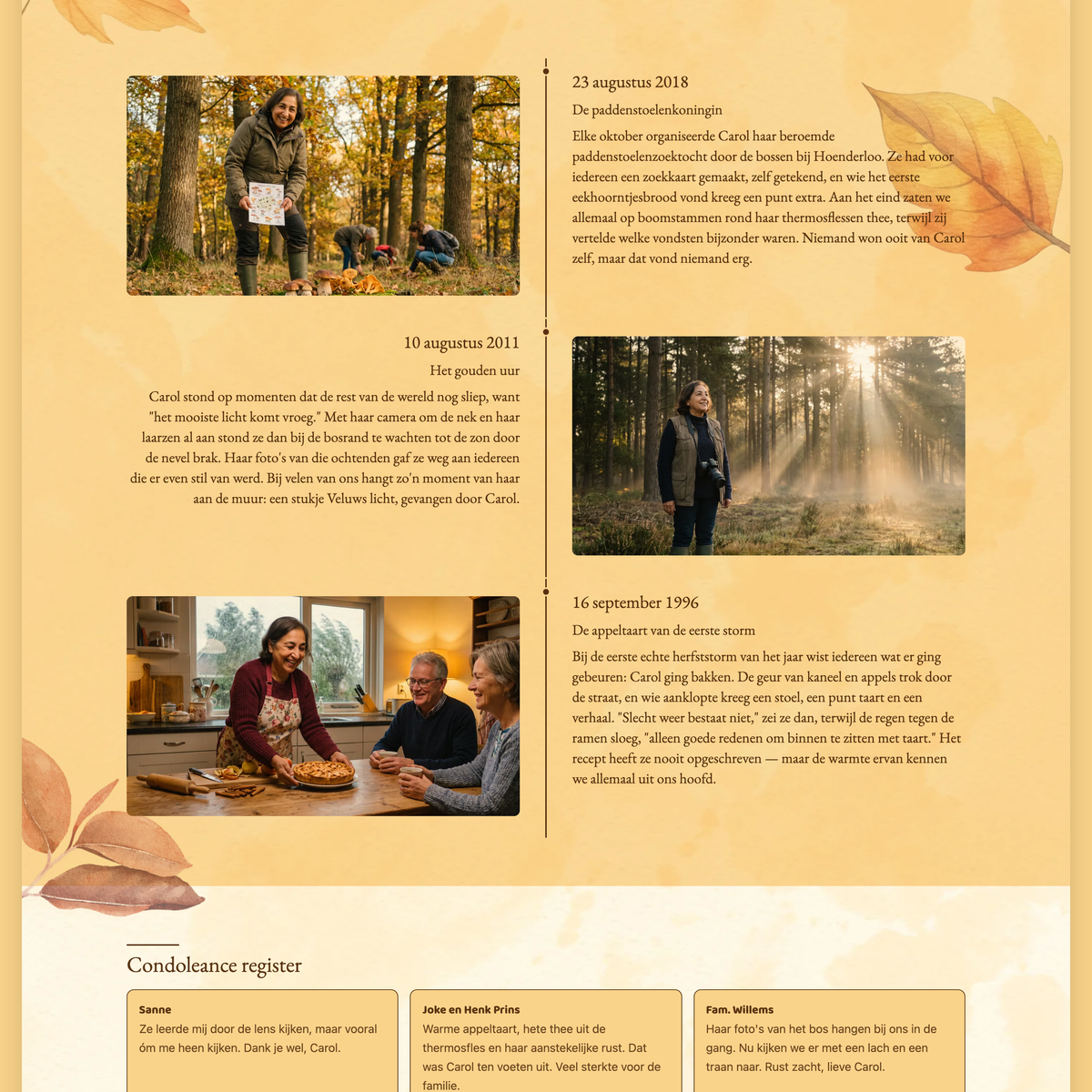 Tijdlijn met levensmomenten op een online rouwkaart in het herfstthema