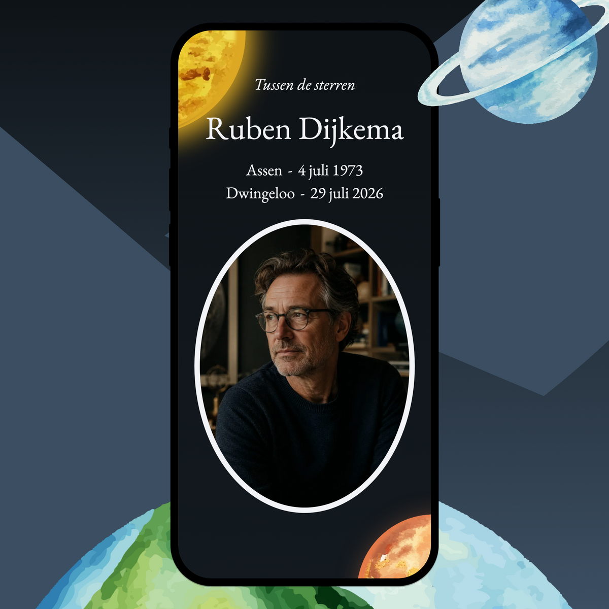 Thema Planeten: een online rouwkaart op een telefoon, tussen getekende planeten en sterren